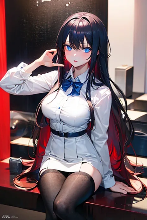 ((masterpiece)),(best quality),(detailed),(1girl),long hair, glowing eyes, white shirt, black skirt, black stockings,  large breast, sexy, blue eyes