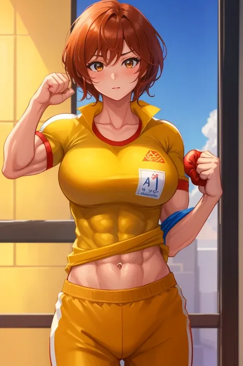 anime, aprnil, 1girl, solo, in a ((yellow gym clothes)), short red hair, brown eyes, 8k, ((half-body)), flexing biceps, wearing boxing gloves, masterpiece, detailed face, smooth soft skin, big dreamy eyes, muscular woman, beautiful intricate colored hair, ...