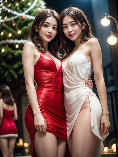 (2girls:1.4), Extremely cute, amazing face and eyes beautiful nice smile), (extremely detailed beautiful face), bright and shiny lips, (short party dress:1.5), (Best Quality:1.4), (hyper quality), (Ultra-detailed), (super, Photorealsitic:1.37), Authentic s...