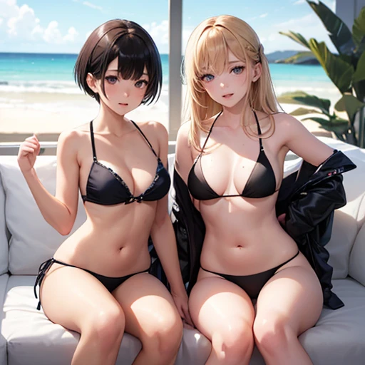 masterpiece, best quality, ultra detailed, beautiful face, beautiful skin, professional lighting, 2girls, (((on the left, flat chest girl with short black hair, the girl on the left is wearing black bikini))), (((a little further away on the right, large b...