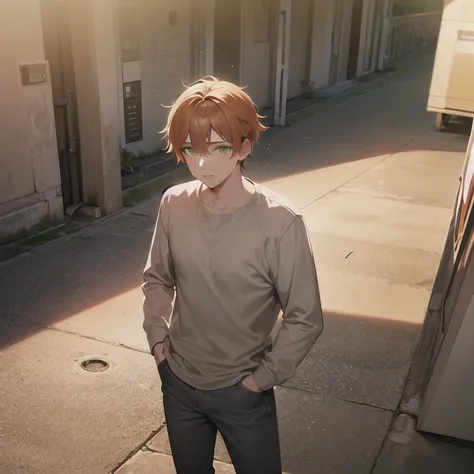 masterpiece, best quality, 1boy, solo, mature male, straight hair, orange hair, green eyes, brown shirt, long sleeves, grey pants, sweats, outdoors, hands in pockets