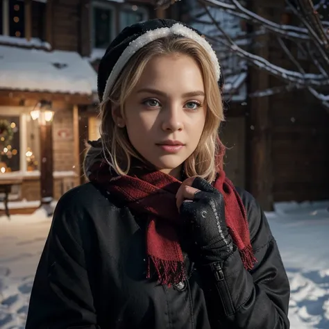 photorealistic, best quality, hyper detailed, realistic eyes, show no hands in the picture, detailed lips, blonde hair, short hair, wavy hair,  8K, cinematic lighting, beautiful woman, wearing black jacket and a red scarf in the snow, feminine posture, fem...