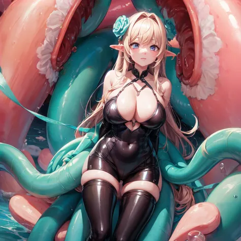 Girl vaginal licking big tentacle,((heart-shaped pupil:1.2)), wear swimsuit tights,wet hanging, crying