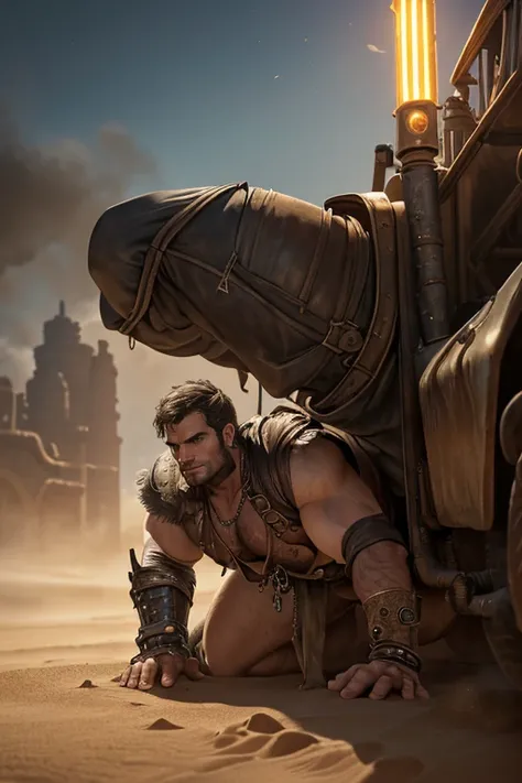 Henry Cavill, (((chubby))), ((chubby face)), ((((big ass)))), natural collor hair, brown skin, (((((Men))))), night, steam, white leather clotes, ((very ripped whole jumpsuit)), earings, acessories, epic composition, perfect hands, perfect composition, per...