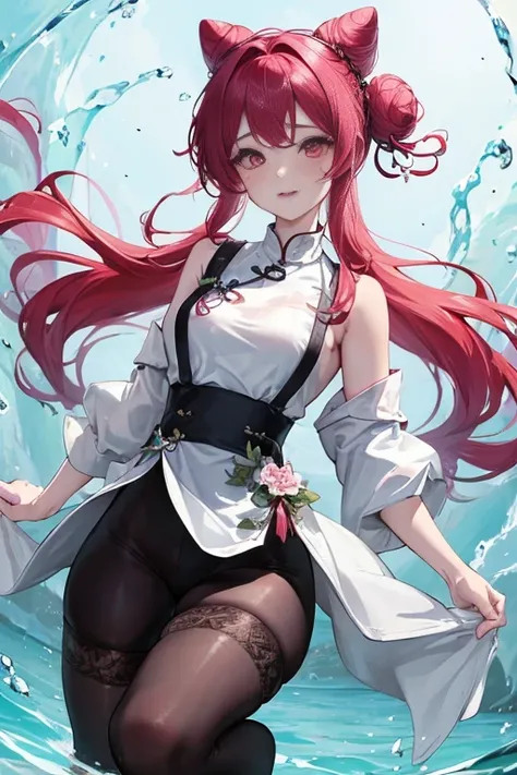 tmasterpiece、Need、1female、Blue cheongsam，Ancient style China、 White cloth bun bun bun、Shoulder leakage、The chest is large、chubbiness、ssmile、Black suspender tights、lace leggings、pale pink lip、hot springs，Pose in the water，（drenched all over the body），legs a...