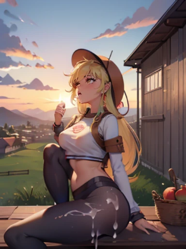 AppleJack, AppleJack from my little pony, AppleJack in the form of a girl, long hair, Wild hair, cowboy hat, apple earrings, on a farm with apple trees, steampunk style, a lot of magic, lightning nets, best quality, very detailed, ultra 8k resolution, (cum...