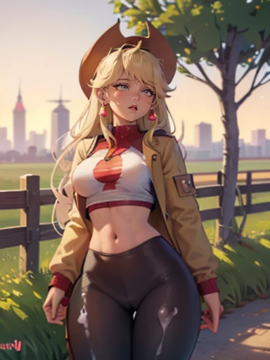 AppleJack, AppleJack from my little pony, AppleJack in the form of a girl, long hair, Wild hair, cowboy hat, apple earrings, on a farm with apple trees, steampunk style, a lot of magic, lightning nets, best quality, very detailed, ultra 8k resolution, (cum...