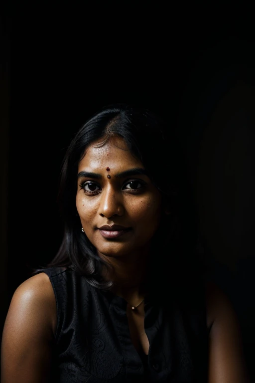 (Full body, editorial photograph of a 32 year old Indian woman), (highly detailed face:1.4) (smile:0.8) (background inside dark, moody