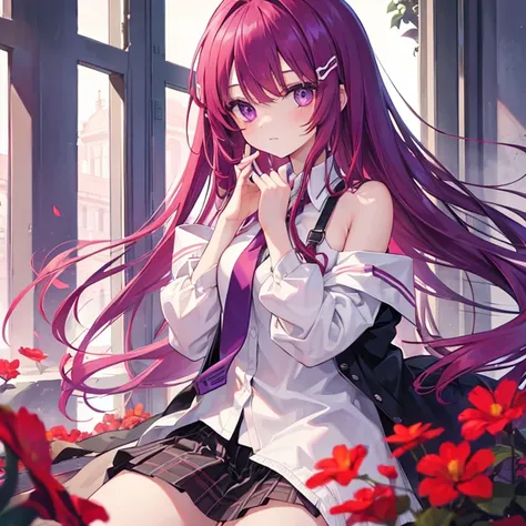 1girl, red long hair, sharp purple eyes, look at viewer, highschool uniform, show shoulder, flower clip ob hair