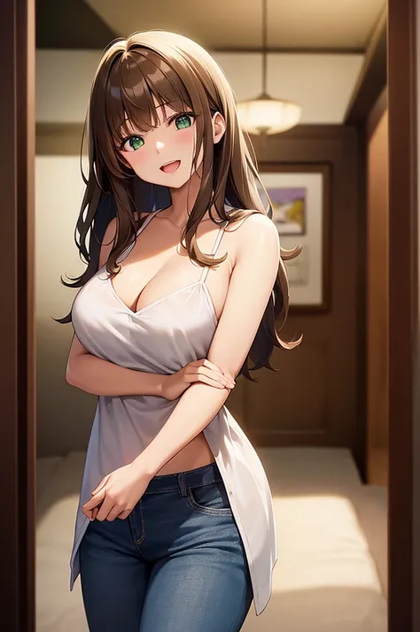 head tilt, Staring、​masterpiece、top-quality、 A 40-year-old green-eyed woman with wavy lobed brown bangs.、Cleavage is visible、Wearing a white blouse、Wearing jeans、smile, open mouth, The background is a room、is standing、Bold composition、Alone、