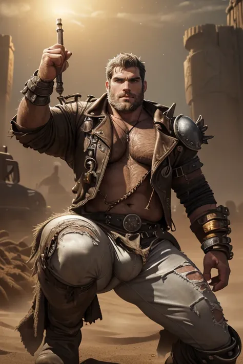 Henry Cavill, (((chubby))), ((chubby face)), ((((big ass)))), platinum light collor hair, brown skin, (((((Men))))), night, steam, white leather clotes, ((very ripped whole jumpsuit)), earings, acessories, epic composition, perfect hands, perfect compositi...