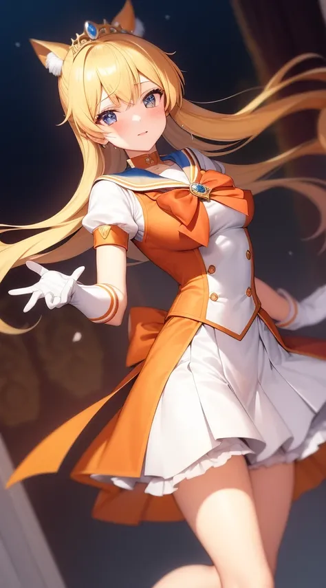 Meisterwerk, best quality, hight resolution, Venus1, 1girls, nur, Matrosen-Senshi-Uniform, Sailor Venus, Aino Minako, blondes Haar, magical girl, blaue Augen, Orangefarbener Rock, Ellbogen-Handschuhe, Tiara, Faltenrock, Haarschleife, orangefarbener Matrose...