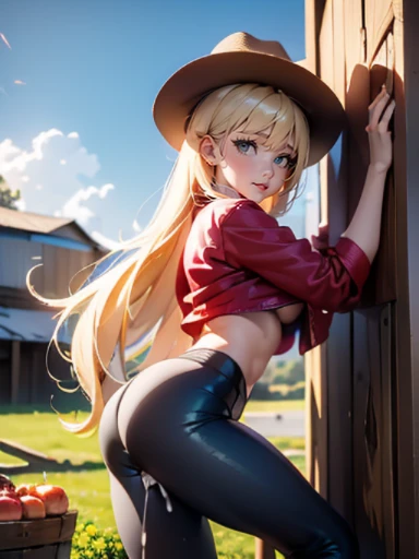 AppleJack, AppleJack from my little pony, AppleJack in the form of a girl, long hair, Wild hair, cowboy hat, apple earrings, on a farm with apple trees, steampunk style, a lot of magic, lightning nets, best quality, very detailed, ultra 8k resolution, (cum...