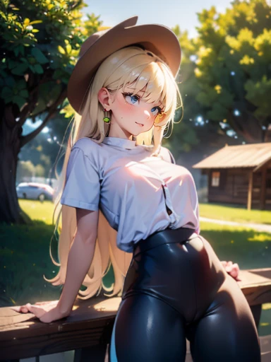 AppleJack, AppleJack from my little pony, AppleJack in the form of a girl, long hair, Wild hair, cowboy hat, apple earrings, on a farm with apple trees, steampunk style, a lot of magic, lightning nets, best quality, very detailed, ultra 8k resolution, (cum...