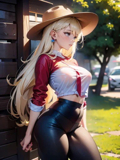 AppleJack, AppleJack from my little pony, AppleJack in the form of a girl, long hair, Wild hair, cowboy hat, apple earrings, on a farm with apple trees, steampunk style, a lot of magic, lightning nets, best quality, very detailed, ultra 8k resolution, (cum...