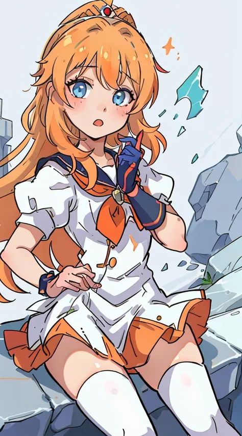 Meisterwerk, best quality, hight resolution, Venus1, 1girls, nur, Matrosen-Senshi-Uniform, Sailor Venus, Aino Minako, blondes Haar, magical girl, blaue Augen, Orangefarbener Rock, Ellbogen-Handschuhe, Tiara, Faltenrock, Haarschleife, orangefarbener Matrose...