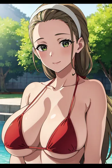 (masterpiece, top-quality, detaile, hight resolution, extremely delicate and beautiful, anime screen cap, anime colours, 8k, photorealistic), (red Micro Bikini:1.5), (huge drooping breasts:1.5, cleavage:1.5), akebi sasaki, hairband, 1girl, (15 years old), ...