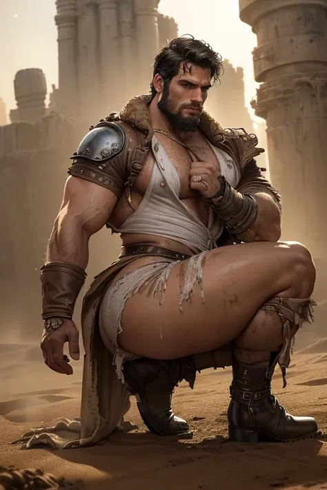 Henry Cavill, (((chubby))), ((chubby face)), ((((big ass)))), natural collor hair, brown skin, (((((Men))))), night, steam, white leather clotes, ((very ripped whole jumpsuit)), earings, acessories, epic composition, perfect hands, perfect composition, per...