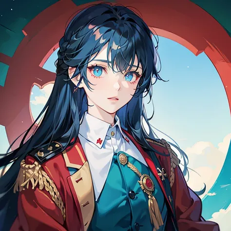 A girl with long black hair wearing a red military uniform,Blue inner color for hair,Eyes are blue,Glowing blue eyes,green line on red military uniform,