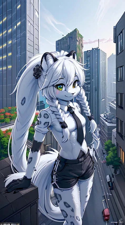 Macro snow leopard furry (Best quality at best, ultra - detailed, actual:1.85), 48m height female, Black fingerless gloves, Wear plain white short sleeves, Black sports shorts, Long white hair，Tie your temples into two braids, Back against the side of a ta...