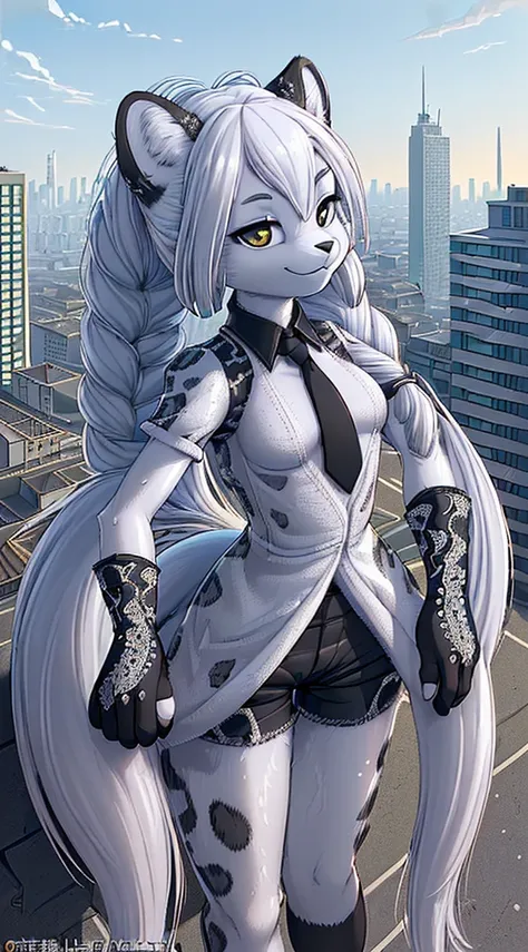 Macro snow leopard furry (Best quality at best, ultra - detailed, actual:1.85), 48m height female, Black fingerless gloves, Wear plain white short sleeves, Black sports shorts, Long white hair，Tie your temples into two braids, Back against the side of a ta...