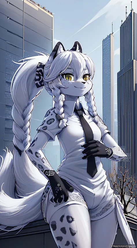 Macro snow leopard furry (Best quality at best, ultra - detailed, actual:1.85), 48m height female, Black fingerless gloves, Wear plain white short sleeves, Black sports shorts, Long white hair，Tie your temples into two braids, Leaning on the side of a tall...