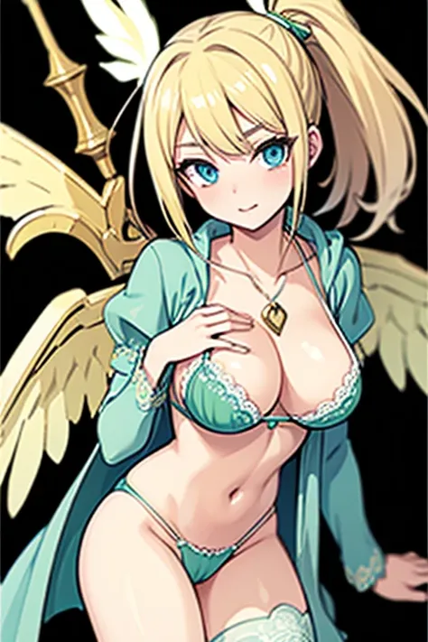 ((Best Quality)), ((Masterpiece)), (detailed), perfect faces, blonde hair, blue eyes, large breast, sexy, green bra, green lingerie, green underwear, cum in pussy, breast milk, angel wings