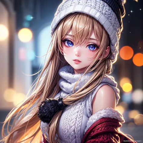 (masterpiece), best quality, expressive eyes, perfect face , bokeh, seductive girl, sparkles, ultra-detailed, winter , side lighting, lipstick, anime style, Knitted hats