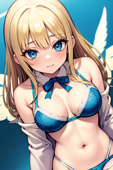 ((Best Quality)), ((Masterpiece)), (detailed), perfect faces, blonde hair, blue eyes, large breast, sexy, blue bra, blue lingerie, blue underwear, cum in pussy, breast milk, angel wings