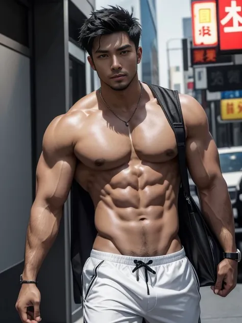 8K，8K分辨率，Muscular blacks, cool guy，Sexy and charming eyes，Dark skin, short white pantig bag，Highlight