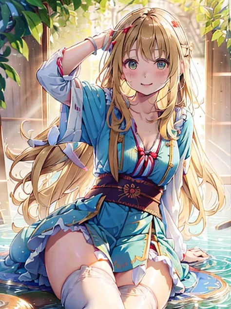 photo realistic, (masterpiece,best quality:1.4),(8k,raw photo,photo realistic:1.2), detailed skin,detailed face,Japanese idol,cute face, little girl, Green dirndl, ((No Panties)), happy, long hair, ((medium bob)), ((sitting, spread legs, twat)), blonde hai...