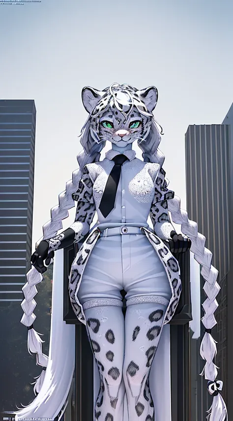 Macro snow leopard furry (Best quality, ultra - detailed, actual:1.85), 48m height female, Black fingerless gloves, Wear plain white short sleeves, Black sports shorts, Long white hair，Tie your temples into two braids, Leaning on the side of a tall buildin...