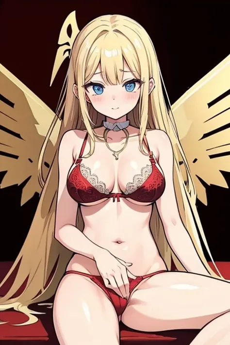 ((Best Quality)), ((Masterpiece)), (detailed), perfect faces, blonde hair, blue eyes, large breast, sexy, red bra, red lingerie, red underwear, cum in pussy, breast milk, angel wings