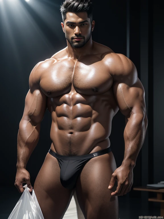 8K，8K分辨率，Muscular blacks, cool guy，Sexy and charming eyes，Dark skin,Fine, smooth and shiny，Plump pectoral muscles，Naked， short white pantig bag，Highlight，best qualityer，profesional lighting，professional photoshooting，Realistic photos，realistic model，photor...