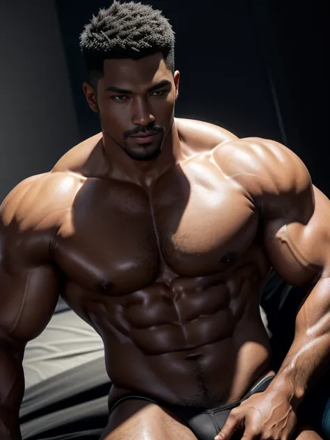 8K，8K分辨率，Muscular blacks, cool guy，Sexy, bright and charming eyes，Dark skin,Fine, smooth and shiny，Plump pectoral muscles，Naked， short white pantig bag，Highlight，best qualityer，profesional lighting，professional photoshooting，Realistic photos，realistic mode...