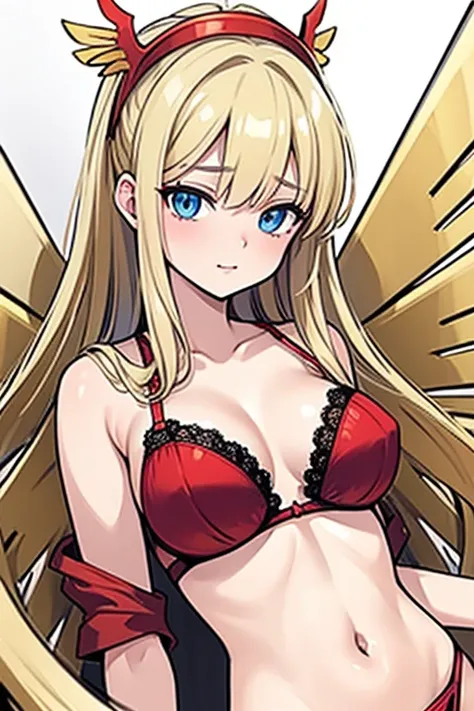 ((Best Quality)), ((Masterpiece)), (detailed), perfect faces, blonde hair, blue eyes, large breast, sexy, red bra, red lingerie, red underwear, cum in pussy, breast milk, angel wings