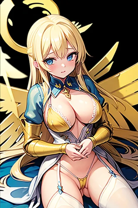 ((Best Quality)), ((Masterpiece)), (detailed), perfect faces, blonde hair, blue eyes, large breast, sexy, yellow bra, yellow lingerie, yellow underwear, cum in pussy, breast milk, angel wings