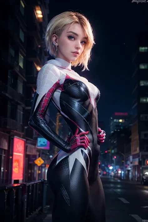 Gwen-aranha, Facing the camera, pose de modelo sexy, traje detalhado e musculatura, seios grandes, Athletic body, perfectly shaped buttocks,cores vibrantes,facial expressions that exude confidence and allure,spider web pattern on costume,dynamic lighting,f...