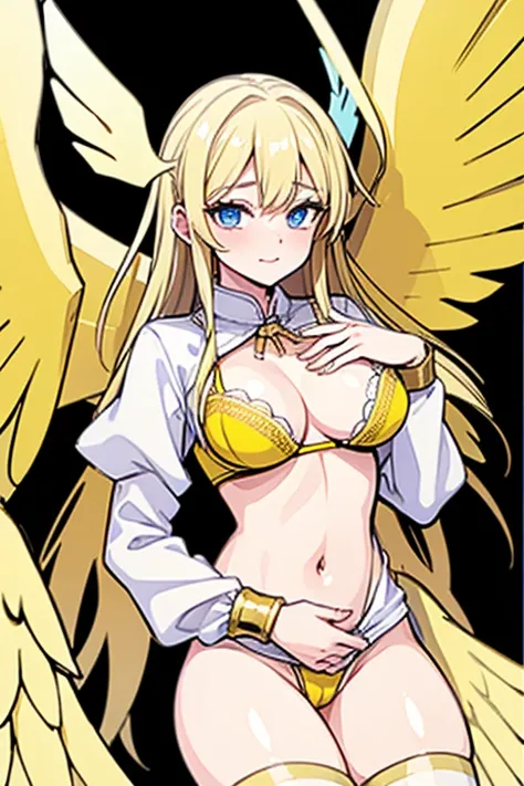 ((Best Quality)), ((Masterpiece)), (detailed), perfect faces, blonde hair, blue eyes, large breast, sexy, yellow bra, yellow lingerie, yellow underwear, cum in pussy, breast milk, angel wings