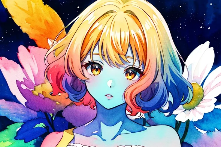 radiance, soft contours, detailed background, bright colors,
Alien girl, watercolor, kyoani style, blue skin, curly rainbow hair, orange eyes, cosmos, galaxy, milky way, gradient, half body portrait, pastel colors, ink, watercolor background