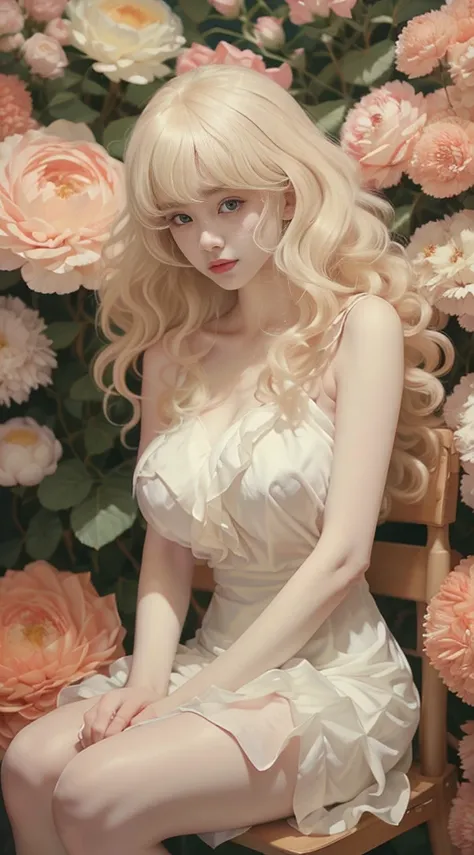 Female((20year old)), hair((long, wavy, blonde)), eyelue, big eyes)), lipgloss, smile, clothes((white, frilly dress)), gigantic breast, big boobs, oppai, ((flower hair clip)), sitting on chair, roses garden,