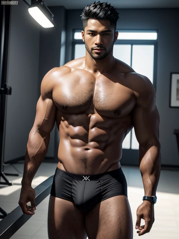 8K，8K分辨率，Muscular blacks, cool guy，Sexy, bright and charming eyes，Dark skin,Fine, smooth and shiny，Plump pectoral muscles，protrude，Naked， short white pantig bag，Highlight，best qualityer，profesional lighting，professional photoshooting，Realistic photos，reali...