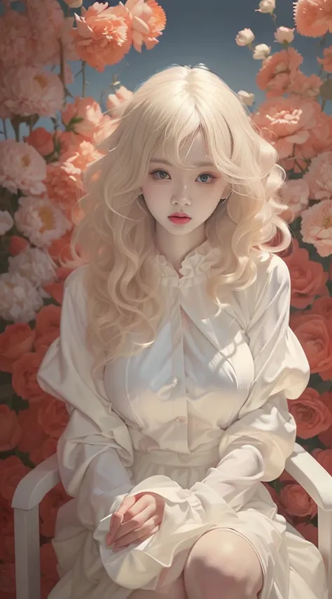 Female((20year old)), hair((long, wavy, blonde)), eyelue, big eyes)), lipgloss, smile, clothes((white, frilly dress)), gigantic breast, big boobs, oppai, ((flower hair clip)), sitting on chair, roses garden,