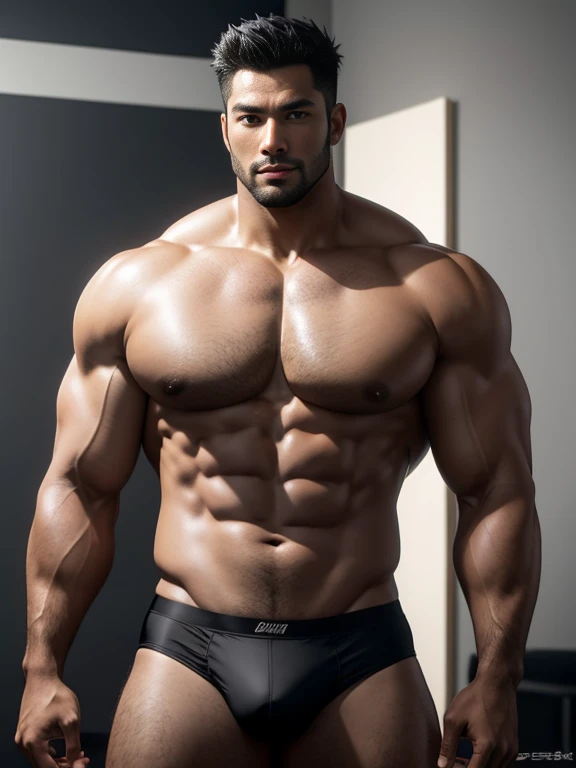 8K，8K分辨率，Muscular blacks, cool guy，Sexy, bright and charming eyes，Dark skin,Fine, smooth and shiny，Plump pectoral muscles，protrude，Naked， short white pantig bag，Highlight，best qualityer，profesional lighting，professional photoshooting，Realistic photos，reali...