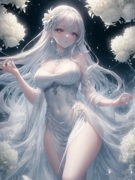 Paradise in Heaven, White lighting,(masutepiece), (Best Quality), (Cinematic), 8K, (art  stations), Li Yue painting style.(長いWhite hairとSilvery eyesを持つ1人の女), (Beautiful delicate face)、[ Particle Lou Full Moon] [Frozen trees々] [landscape crystal] [Lighting]...