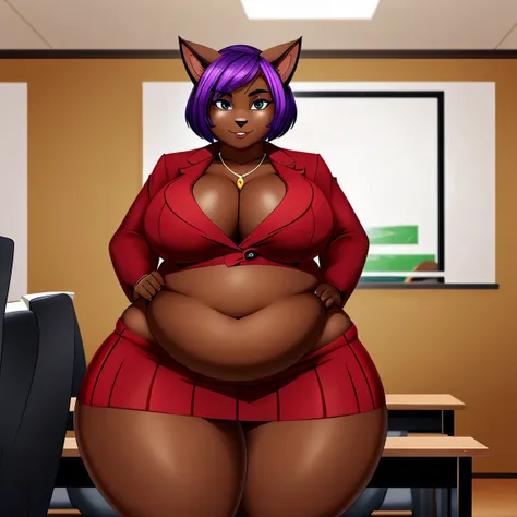 1girl, solo, Anthro, furry, cat girl, purple hair, ((dark skin)), ((dark skinned female)), ((red business suit)), cat ears, ussbbw, insanely inflated hips, insanely inflated belly, ussbbw weight gain, obese, insanely inflated thighs, fat rolls, fat arms, f...