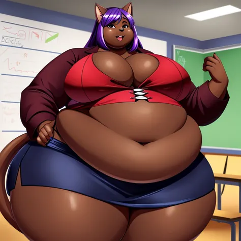 1girl, solo, Anthro, furry, cat girl, purple hair, ((dark skin)), ((dark skinned female)), ((red business suit)), cat ears, ussbbw, insanely inflated hips, insanely inflated belly, ussbbw weight gain, obese, insanely inflated thighs, fat rolls, fat arms, f...