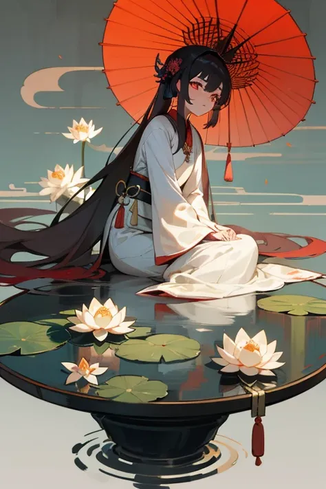 Ancient Chinese beauties sitting on stones，in ancient Chinese costume，Hanfu，flowing tulle，light silk，Lazy posture，big lotus leaf，lotuses，ink painting style，clean color，A decisive cut，Leave blank space，Impressionistic，tmasterpiece，ultra-detailliert，epic com...