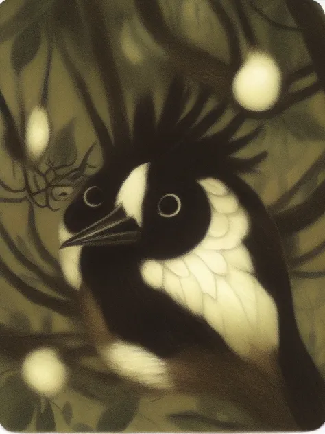 painting of a black and white bird with branches on its head