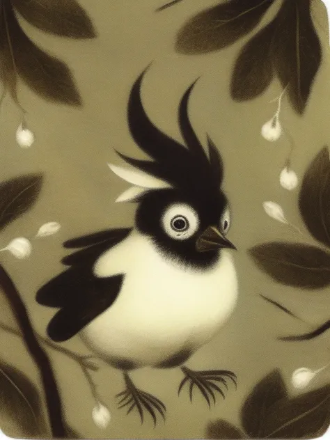 painting of a black and white bird with branches on its head